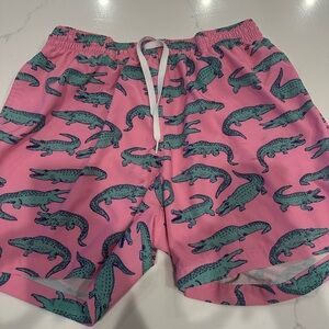 chubbies Pink Swim Trunks with Teal Alligator Print
